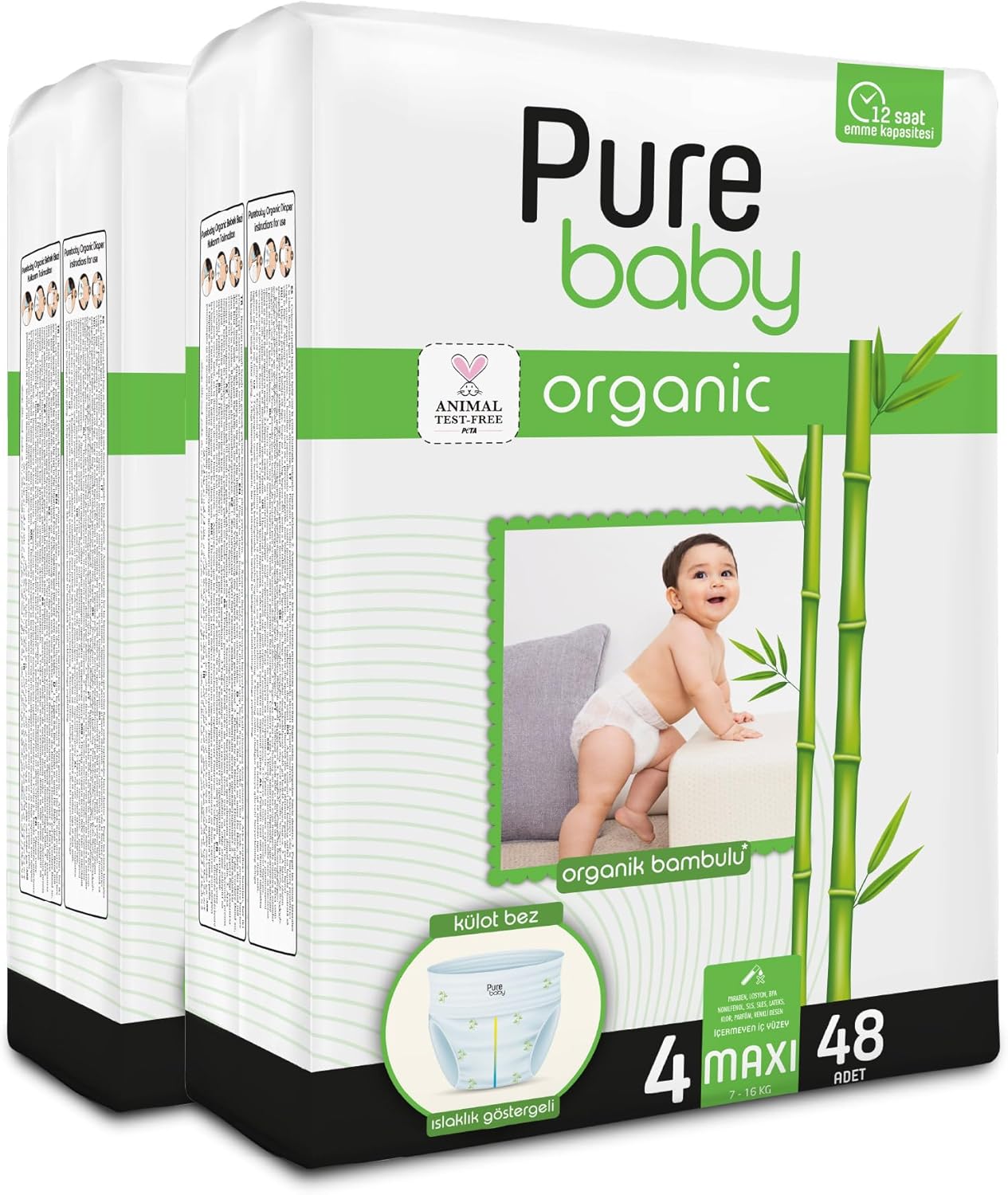 Pure Baby Organik Bambu Özlü Külot Bez 2'Li Paket 4 Numara Maxi 96 Adet