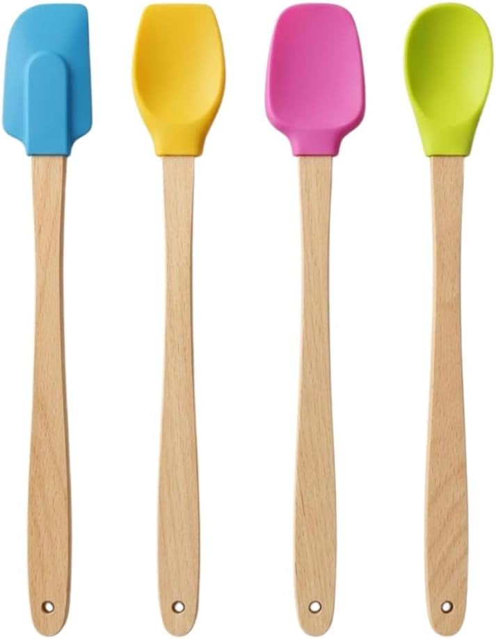 4'lü Silikon Metal Kancalı Set - Ahşap Saplı, Dayanıklı Spatula ve Mutfak Servis Seti