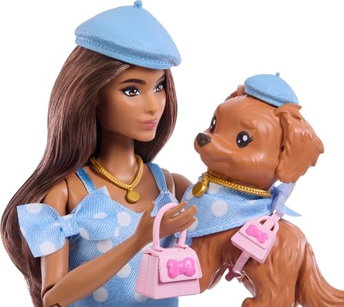 Alternative view of Uyumlu Dostlar kahverengi saçlı bebek ve köpekçiği, Puantiye desenli, mavi renkli kıyafetler giyen ve bere, çanta gibi aksesuarlar takan, JFP38