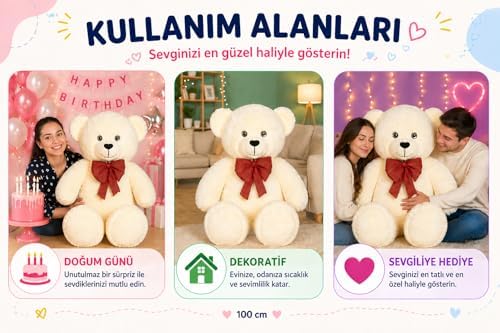 100 cm Dev Pelüş,Papyonlu Ayı,Peluş,Yumuşak ve Sevimli Büyük Boy Oyuncak,Sarılmalık,Papyonlu Ayıcık,Sevgiliye Hediye Ayıcık,Dev Ayı,Büyük Boy (Krem)