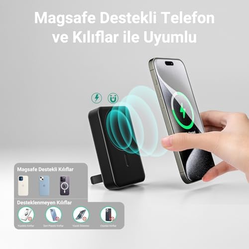 10000mAh MagSafe Powerbank Standlı PD20W Taşınabilir Kablosuz Hızlı Şarj Cihazı Siyah