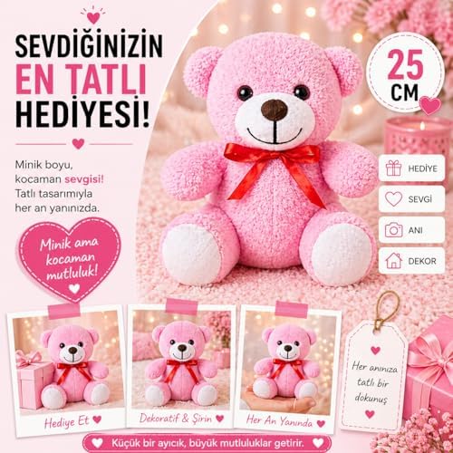 20-25 cm Papyonlu Pelüş, 20 cm, Yumuşak, Sevgiliye Hediye,Ayı,Peluş Ayıcık,Plush Toys,Oturan ayı,Ofis Hediyesi,Renkli Ayıcık (Pembe)