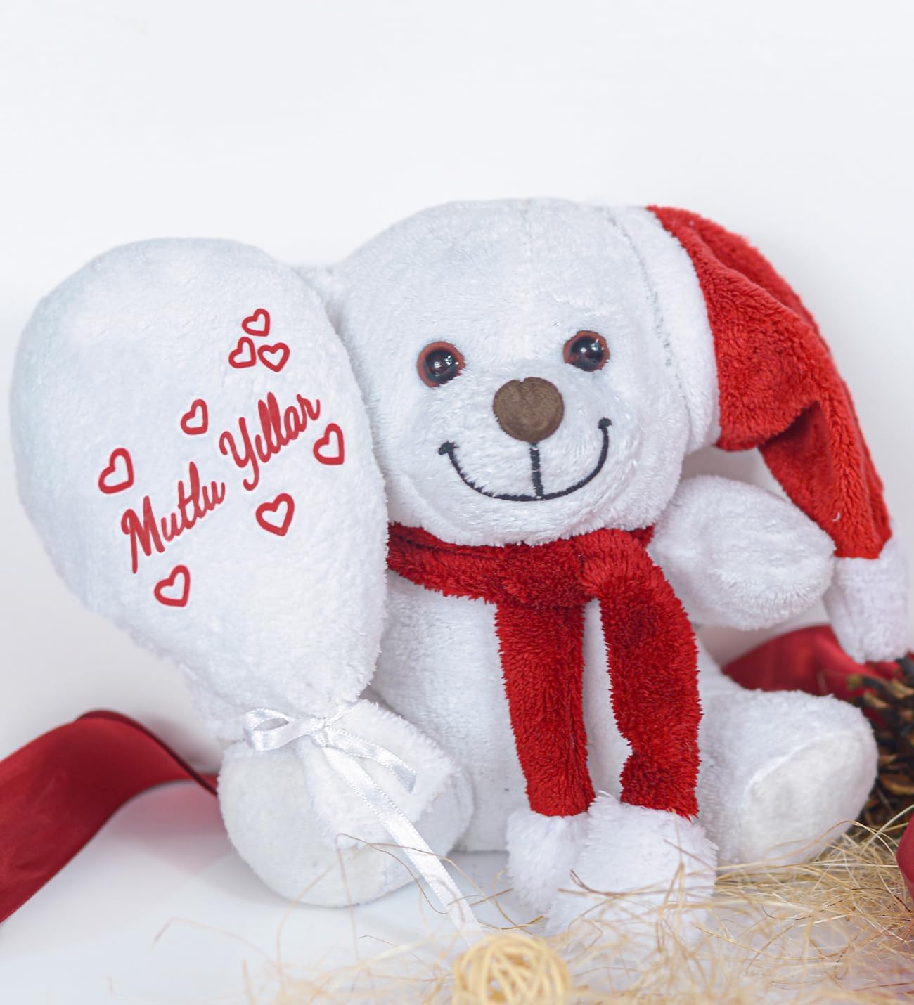 Baba,Yılbaşı,20-25 cm Pelüş, 20 cm, Atkılı Balonlu Tedy,Yumuşak, Sevgiliye Hediye,Ayı,Peluş Ayıcık,Plush Toys,Oturan ayı,Ofis Hediyesi (NoelBeyaz)