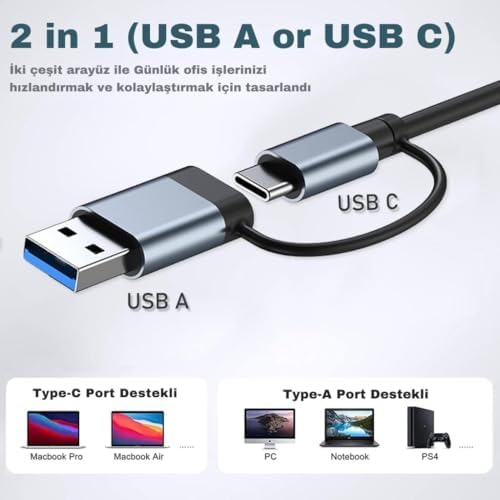 Alternative view of 7in1 Usb Ve Type-C Girişli Usb Çoğaltıcı 7in1 USB 3.0 Çoğaltıcı Type-c To Usb Çevirici Akım Korumalı