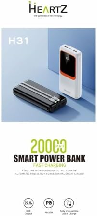H31 20000 MH PD 20W ve USB 22.5W FAST HIZLI ŞARJ DAHİLİ TYPE C VE LİGHTNİNG KABLOLU DÜNYA STANDARTLARINA UYGUN POLYMER BATARYA BİREBİR AMPER LCD GÖSTERGELİ POWERBANK (BEYAZ)