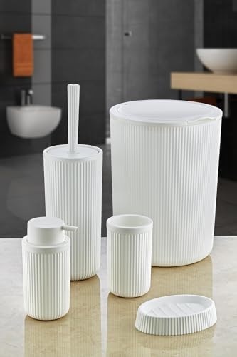 5 Parça Lüx Plastik Banyo Seti 7 Litre Dokunmatik Çöp Kovalı, Antibakteriyel Fırça (Siyah-Gri) (BEYAZ)