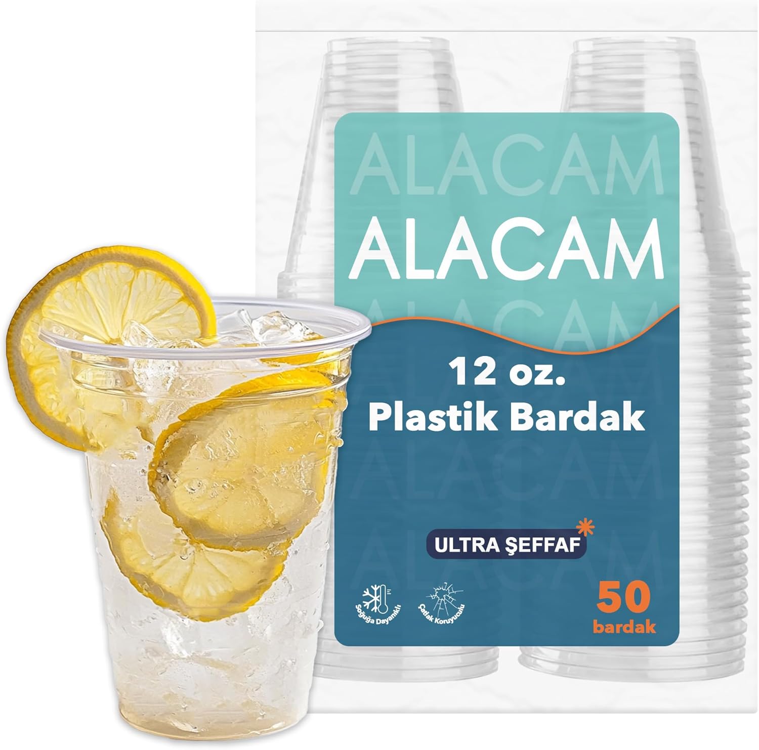 [50 Adet] Alacam Şeffat Tek Kullanımlık Plastik Bardak, Soğuk İçecek, Limonata, Meyve Suyu, Parti Bardağı (12 Oz - 350 ML)