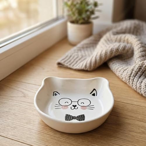 Seramik Kedi Şeklinde Ödül Kabı | Sevimli Evcil Hayvan Mama Kabı | 200 ml Kapasiteli, Yavru Kediler, Yavru Köpekler ve Küçük Evcil Hayvanlar için Dekoratif Kedi Kabı (Papyon)