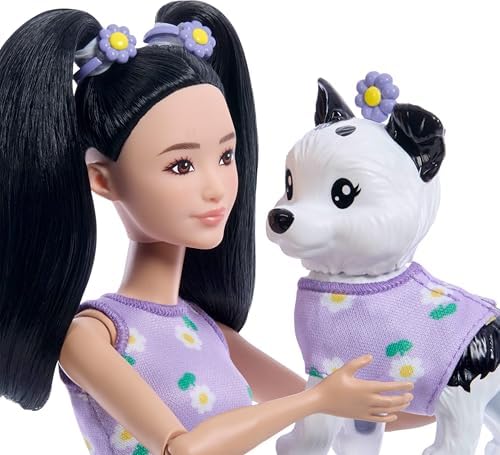Alternative view of Twinning, Mor Papatya Giysileri ve Aksesuarları ile Eşleşen Evcil Köpekli Bebek Görünüyor Hem Çiçekler hem de Kemer Çantaları için, Siyah Saç