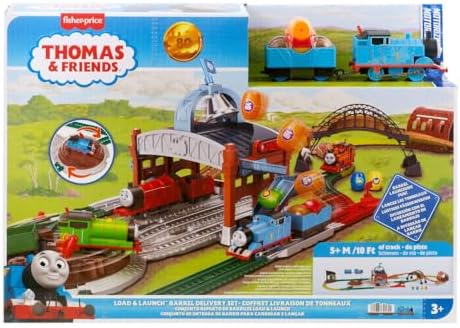 Thomas ve Arkadaşları oyuncak tren oyun seti, Yükle ve Fırlat Teslimatı, motorlu klasik lokomotif ve yük vagonu, 550 cm'lik ray, JDF26