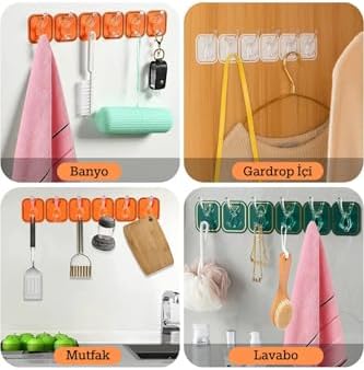 6 Kancalı Kendinden Yapışkanlı Askı Tek Parça Renkli Pratik Duvar, Banyo, Mutfak Askısı
