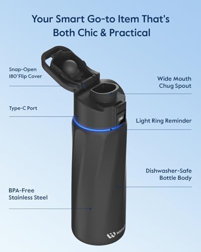 Boost Akıllı Su Şişesi, İçmeyi Hatırlatan, 24 oz BPA İçermeyen Paslanmaz Çelik Vakum Yalıtımlı Şişe, APP ile Geniş Ağızlı Su İzleyici, Hediye için İdeal