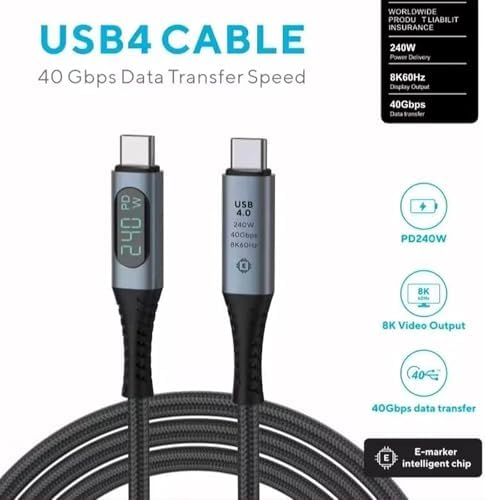 240W USB 4.0 Kablosu, Led Ekranlı, Tunderbolt 40Gbps 8K@60Hz PD Tip C Kablosu, USB C - USB C Erkek - Erkek Kablo Kablosu Bilgisayar Type-C Laptop Pad Hub için 1 Metre ZR850