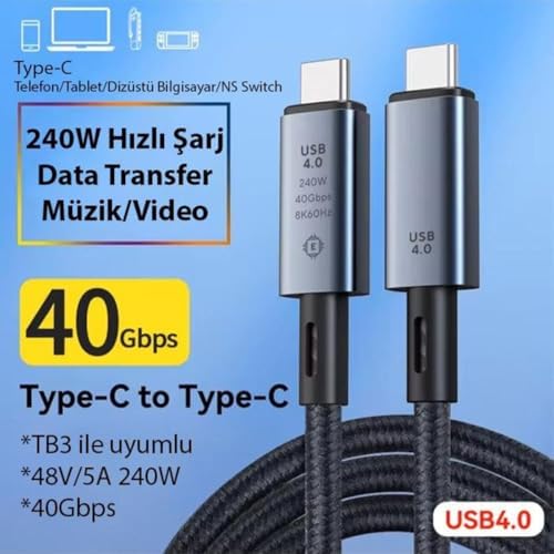40Gbps 240W 4.0 Thunderbolt Type-C to Type-C Şarj, Data ve 8K 60Hz Görüntü Aktarım Kablosu Tip C 50cm ZR848