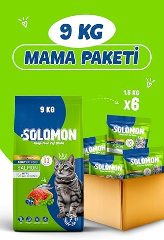 Solomon Yetişkin Somon'lu Süper Premium 9 Kg Somonlu Kedi Maması - Hipoalerjenik - Düşük Tahıllı - Yüksek Hayvansal Protein - Tüy Dökülme Engelleyici - Kolay Sindirilebilir - Kedi Maması
