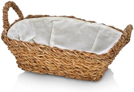 El Yapımı Doğal Hasır Kulplu Çok Amaçlı Dekoratif Dikdörtgen Sepet, Hasır Kulplu Ekmek Sepeti (27x18x8cm)