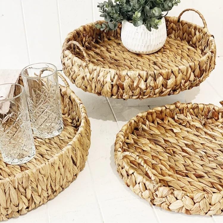 3'lü Rustik El Yapımı ve Doğal Yuvarlak Hasır Kulplu Tepsi Seti, 3'lü Hasır Yuvarlak Kulplu Tepsi Seti, 3 Boy Tepsi (38 * 6cm-34 * 6cm-30 * 24 * 6cm)