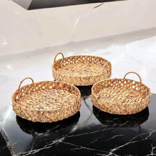 Alternative view of 3'lü Rustik El Yapımı ve Doğal Yuvarlak Hasır Kulplu Tepsi Seti, 3'lü Hasır Yuvarlak Kulplu Tepsi Seti, 3 Boy Tepsi (38 * 6cm-34 * 6cm-30 * 24 * 6cm)