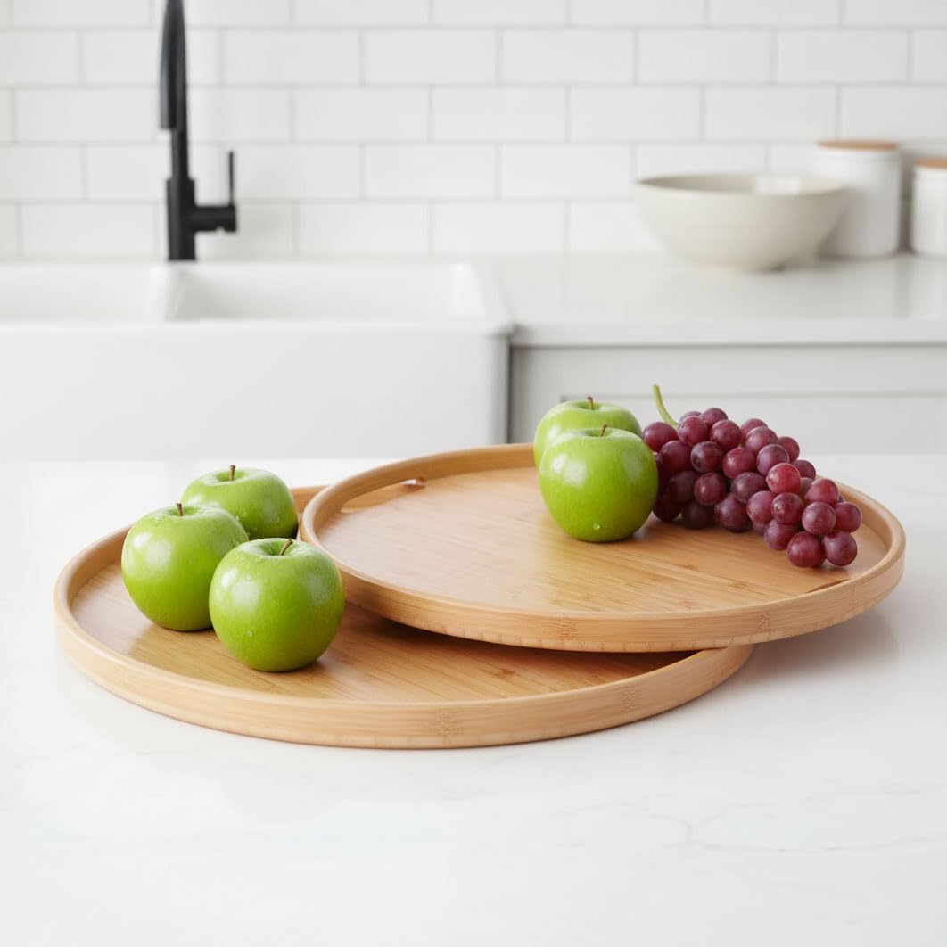 2'li Bambu Tepsi Seti, İnce Tasarım Özel Üretim Yuvarlak 2'li Bambu Tepsi Seti (33 * 22 * 1cm-40 * 28 * 1cm)