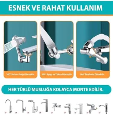 Kenly 1080 Derece Dönebilen Evrensel 2 Modlu Robotik Kol Mutfak Banyo Musluk Başlığı
