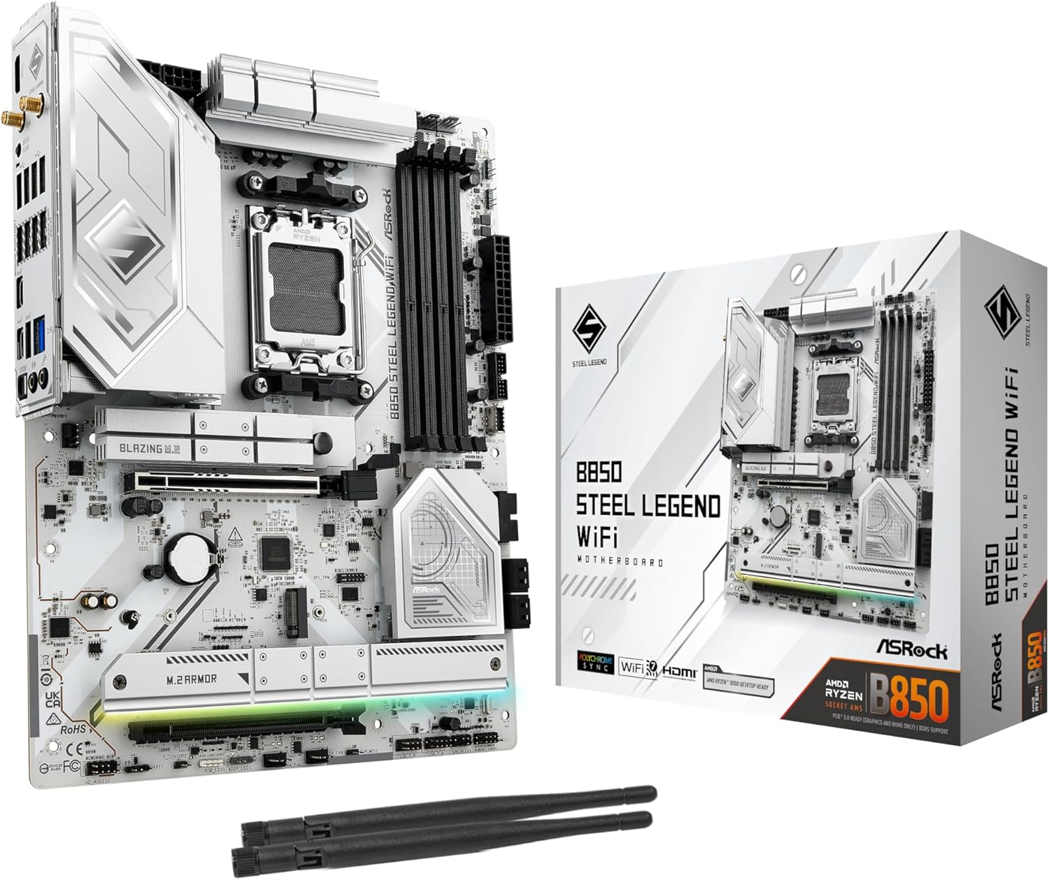 Alternative view of ASRock B850 Steel Legend WiFi RGB ATX Anakart, AMD AM5 Ryzen 9000 & 8000, DDR5, 4x M.2 SSD, 4k 120Hz, AMD Expo, WiFi 7