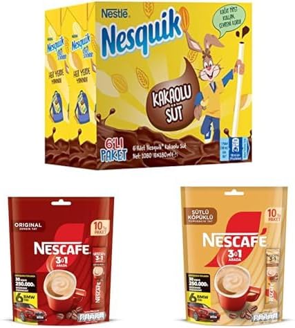 Nesquik Kakaolu Süt 6'lı Paket x 3, Nescafe 3'ü 1 Arada Original Çözünebilir Kahve Karışımı 10'lu Paket x 2, Nescafé 3'ü 1 Arada Sütlü Köpüklü Çözünebilir Kahve Karışımı 10'lu x 1