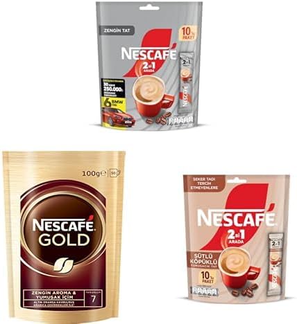 Nescafe 2'si 1 Arada Çözünebilir Kahve Karışımı 10'lu Paket x 3, Nescafé Çözünebilir Kahve Ekopaket 100 g x 1, Nescafe 2si1 Arada Sütlü Köpüklü MP x 2