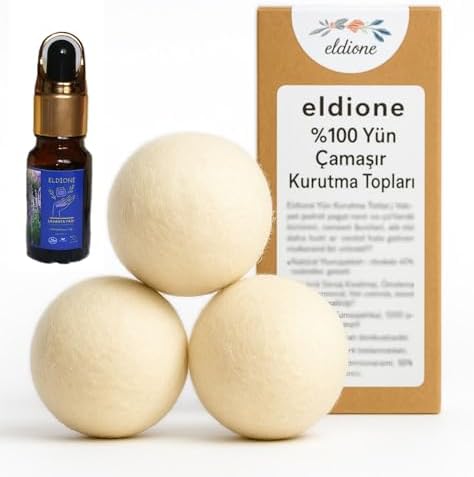 eldione 3 adet Yün Kurutma Topu ve Lavanta Uçucu Yağı 10 ml,%100 Merinos Yünü, Kolay Ütü, Çamaşır Kırışıklık Önleyici, Yumuşatıcı, Tüy Toplayıcı Tasarruflu Antistatik Wool Dryer Ball