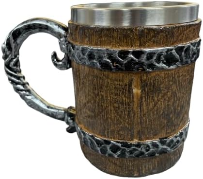 Paslanmaz Çelik Fıçı Tasarımlı Kupa Bardak, 11 cm Yükseklik, Ahşap Görünümlü, Metal Kulplu