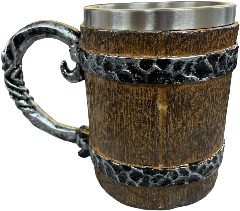 Alternative view of Paslanmaz Çelik Fıçı Tasarımlı Kupa Bardak, 11 cm Yükseklik, Ahşap Görünümlü, Metal Kulplu