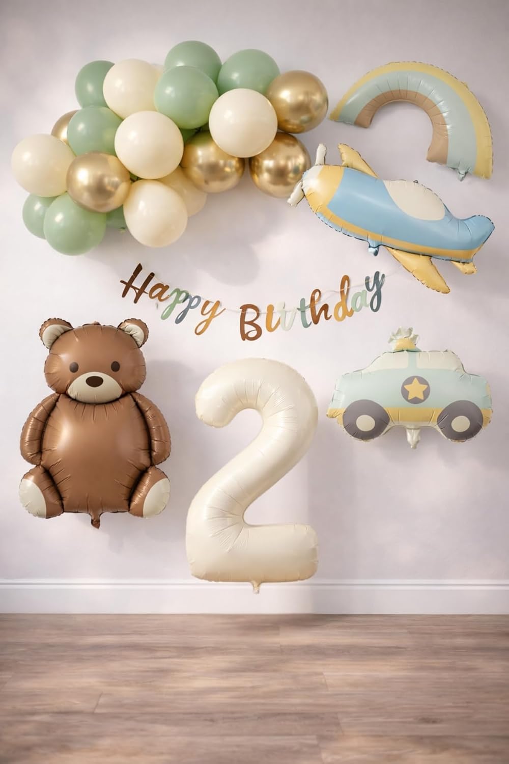 Retro 2 Yaş Doğum Günü Seti; Uçak, Araba, Gökkuşağı, Ayıcık ve 20 Adet Lateks Balon Set