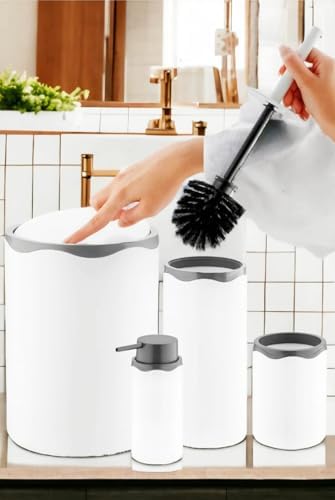 Akrilik 5 Parça Modern Banyo Seti, Beyaz-Mat Gümüş, Çöp Kovası/Tuvalet Fırçası/Tuvalet Fırça Kabı/Sıvı Sabunluk/Diş Fırçalık