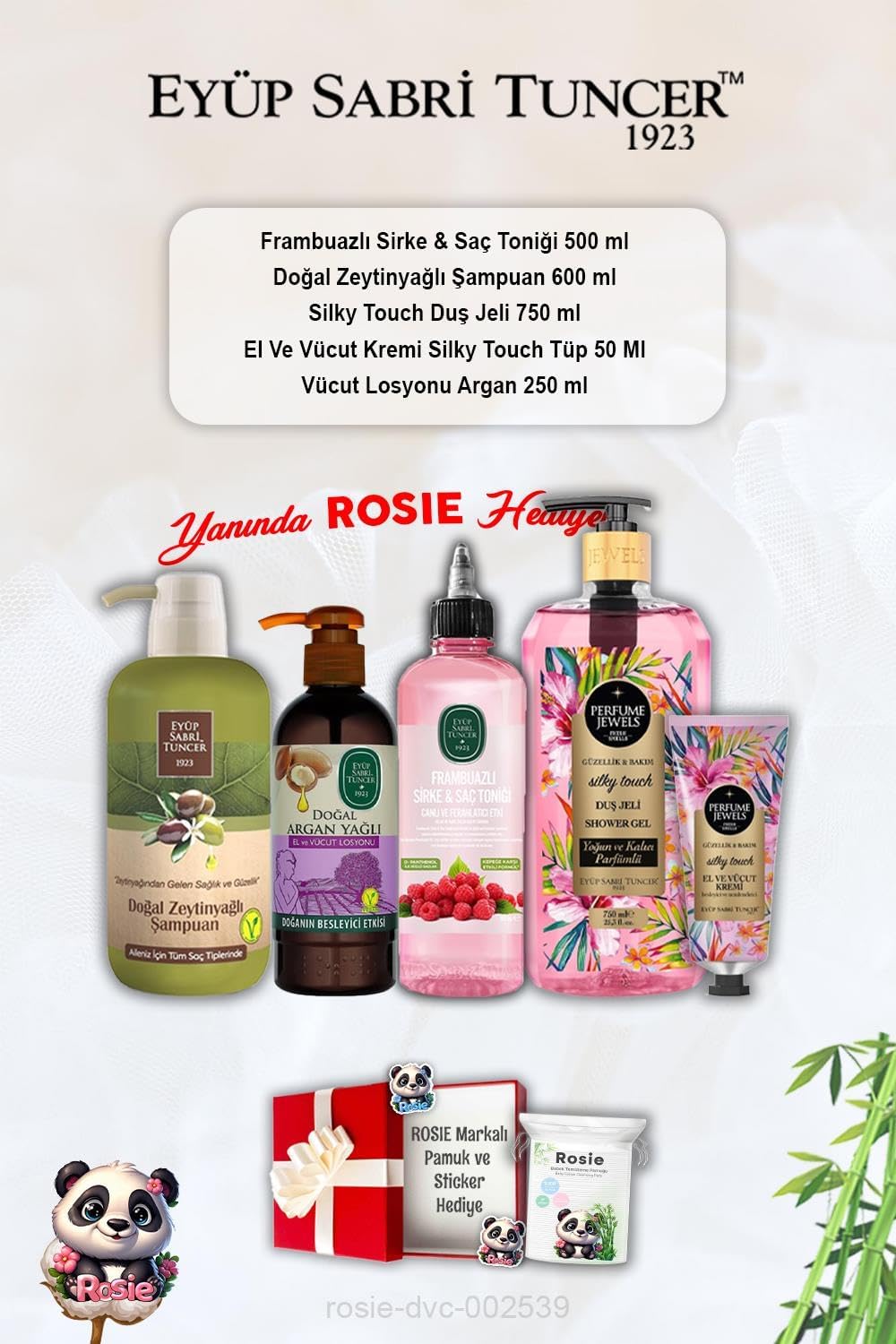 Silky duş jeli ve kremi, Frambuazlı Tonik, Zeytinyağlı Şampuan, Argan Losyon ve Rosie