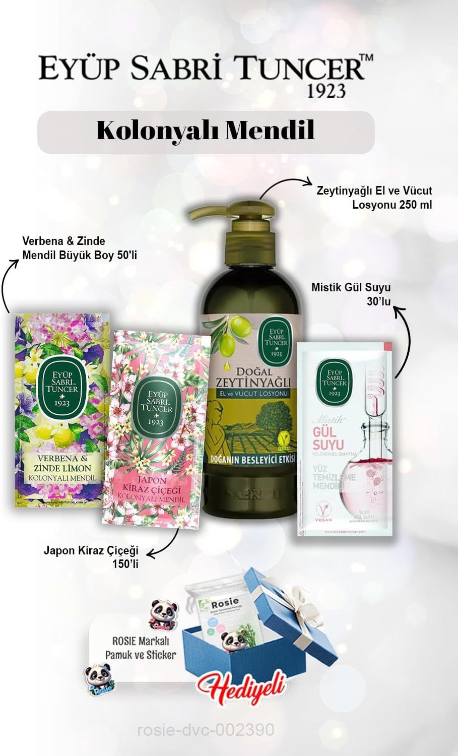 Zeytinyağlı Losyon 250 ml, Gül suyu 30'lu, Verbena & Zinde 50'li, Kiraz Çiçeği 150'li ve Rosie