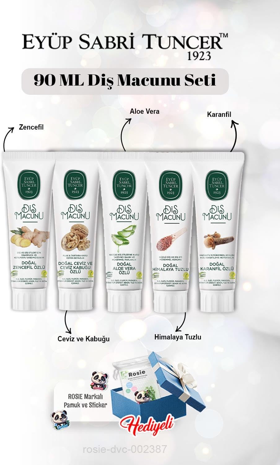 Zencefil, Karanfil, Himalaya, Aloe, Ceviz ve Kabuğu 90 ml Diş Macun Seti ve Rosie