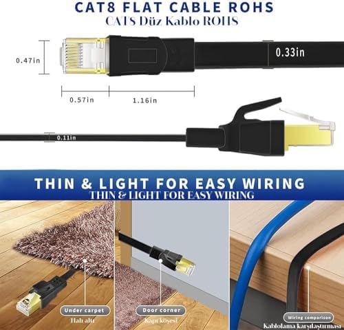 CAT8 Ethernet Kablosu, Yüksek Hızlı ve Dayanıklı CAT8, Yüksek Hızlı ve Dayanıklı CAT8 LAN Ağ Kablosu 40Gbps, 2000Mhz,Siyah,2m