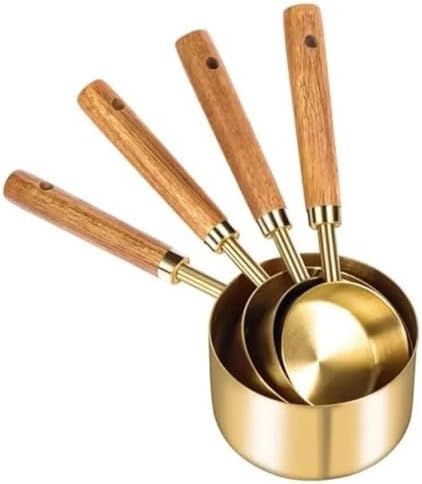4 Boy Özel Üretim Ağaç Saplı Paslanmaz Çelik Ölçü Kaşığı Kabı Seti - Lüks Şık Doğal Görünüm, Otantik Altın Renk, 60 ml - 80 ml - 125 ml - 250 ml Ölçülerde