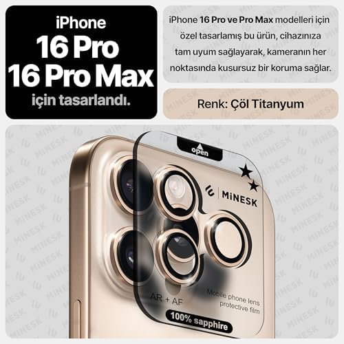 Alternative view of 16 Pro / 16 Pro Max ile Uyumlu Orijinal Safir Cam (%99.9 Saflıkta Gerçek Safir) Cihazın Kendi Lensleri ile Aynı Materyal Lens Koruyucu Kamera Camı (Desert Titanyum)