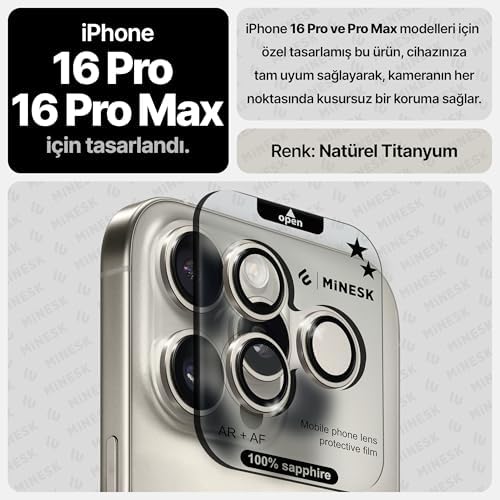 Alternative view of 16 Pro / 16 Pro Max ile Uyumlu Orijinal Safir Cam (%99.9 Saflıkta Gerçek Safir) Cihazın Kendi Lensleri ile Aynı Materyal Lens Koruyucu Kamera Camı (Titanyum)