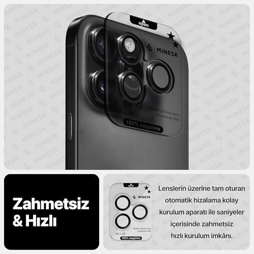 16 Pro / 16 Pro Max ile Uyumlu Orijinal Safir Cam (%99.9 Saflıkta Gerçek Safir) Cihazın Kendi Lensleri ile Aynı Materyal Lens Koruyucu Kamera Camı (Siyah)