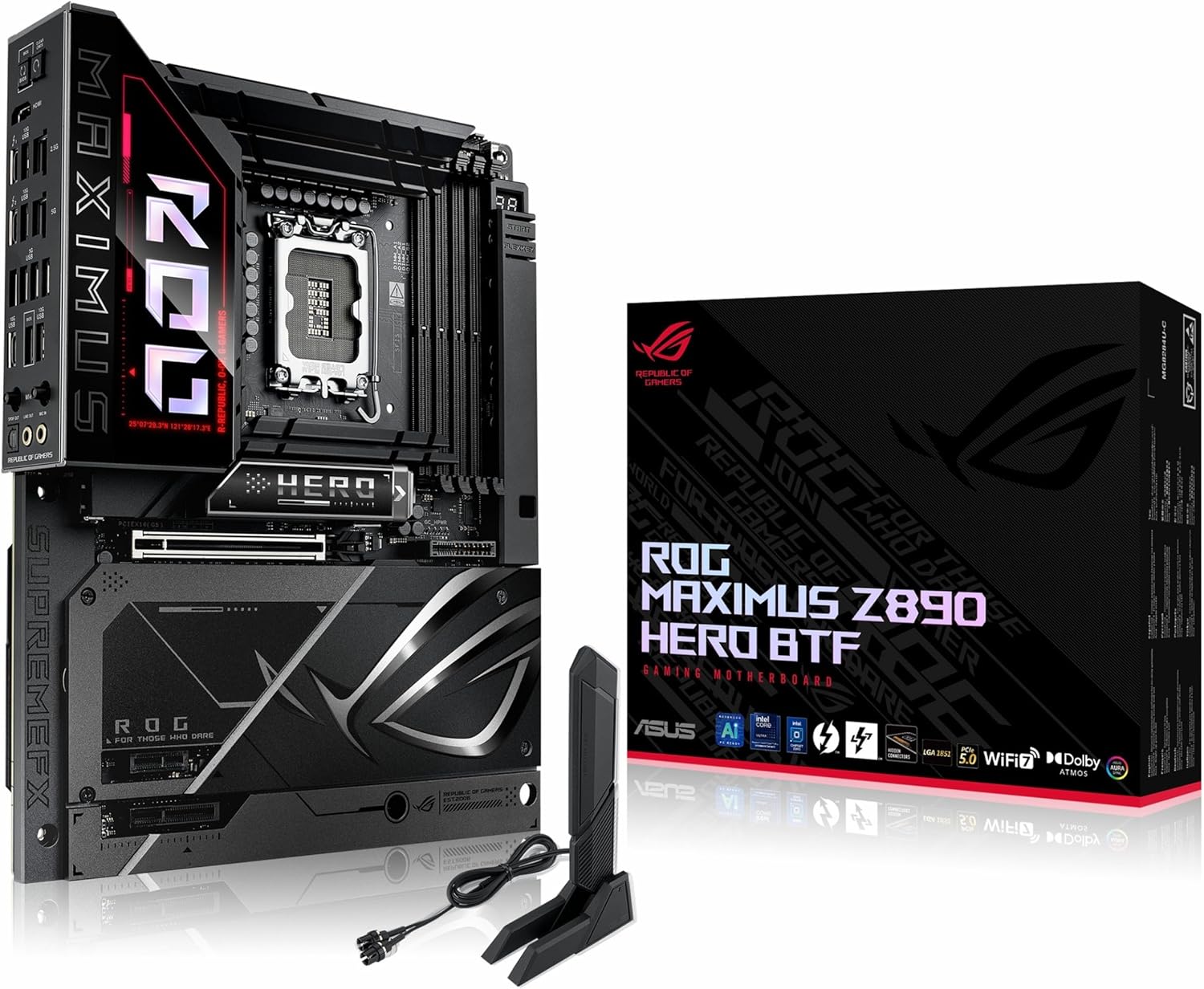 Alternative view of ROG MAXIMUS Z890 HERO BTF Intel Z890 LGA1851 DDR5 9200 HDMI 2xUSB4 6x M2 USB3.2 WiFi 7 + BT AURA RGB 5Gbit + 2.5Gbit LAN ATX 22+1+2+2 Güç Aşamaları, Thunderbolt 4, Gizli Bağlantı Tasarımı