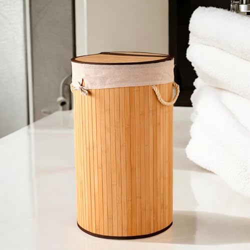 El Yapımı Hasır Katlanır Çamaşır Sepeti Yuvarlak 60 Litre (35cm*35cm*61cm), Doğal Malzemeden Üretilmiş Çamaşırlık (NATUREL)