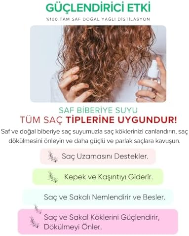 Saf Biberiye Suyu Dökülme Karşıtı ve Hızlı Saç Uzatma Etkili%100 Doğal Saç Toniği 250 ml