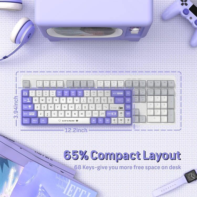 Alternative view of AJAZZ AK680 65% Kablolu Hotswap Mekanik Oyun Klavyesi,68 Tuşlu Taşınabilir Anti-Ghosting Klavye,Gökkuşağı Arkadan Aydınlatmalı Programlanabilir,EVA Sandviç,Ergonomik Mor Beyaz/Brown Switch