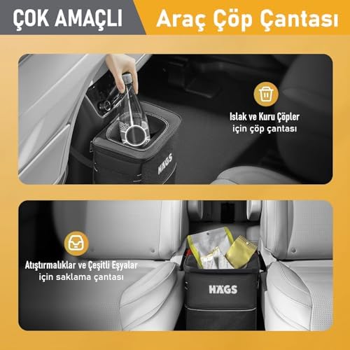 Araç içi Çöp Kutusu, Oto Çöp Kovası Kapaklı ve Saklama Cepli%100 Sızdırmaz Organizer Çanta, Su Geçirmez Araba Çöp Kutusu, Çok Amaçlı Araç içi Düzenleyici Çanta, 8 Lt - Siyah