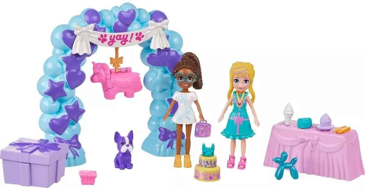 POLLY POCKET™ POLLY™ Doğum Günü Partisi Paketi Polly Doğum Günü Partisi Paketi, bebek ve evcil hayvan oyun seti, moda ve yiyecek temalı aksesuarlar, seyahat oyuncağı JCC33
