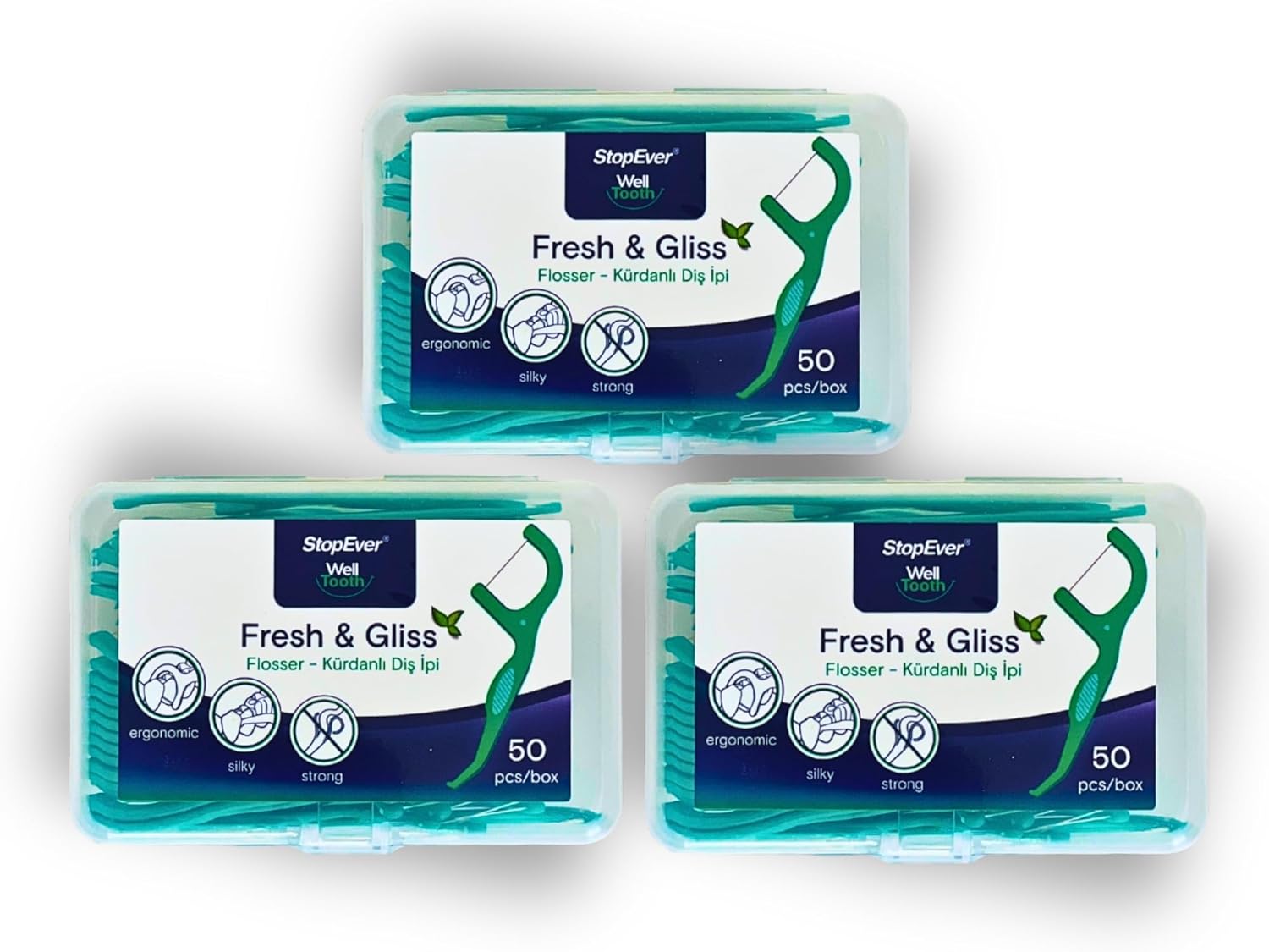 StopEver Fresh & Gliss Kürdanlı Diş İpi 3'lü Paket (150 Adet) | Nane Aromalı | Diş Arası Temizliği, Ağız Hijyeni ve Günlük Kullanım için İdeal | Plastik Kutulu ve Taşıma Kılıflı Hediyeli