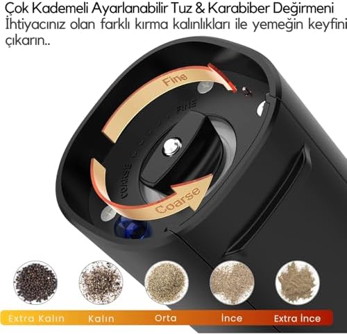 Neo Şarjlı Stantlı Karabiber, Tuz Öğütücü, Şarjlı Otomatik Tuz Öğütücü, 3 Kademe Ayarlı Baharat Değirmeni, LED Işıklı Tuzluk & Biberlik, Portatif Her Alana Uygun Kullanım