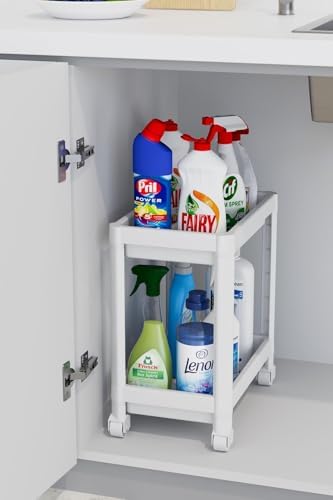 Alternative view of 2 Katlı Tekerlekli Düzenleyici Raf Mutfak Tezgah & Evye Altı Dolap İçi Organizer, Banyo Deterjanlık ve Şampuanlık, Çok Amaçlı Taşınabilir Sebzelik, Modern Dekoratif Mutfak Raf Ünitesi (BEYAZ)