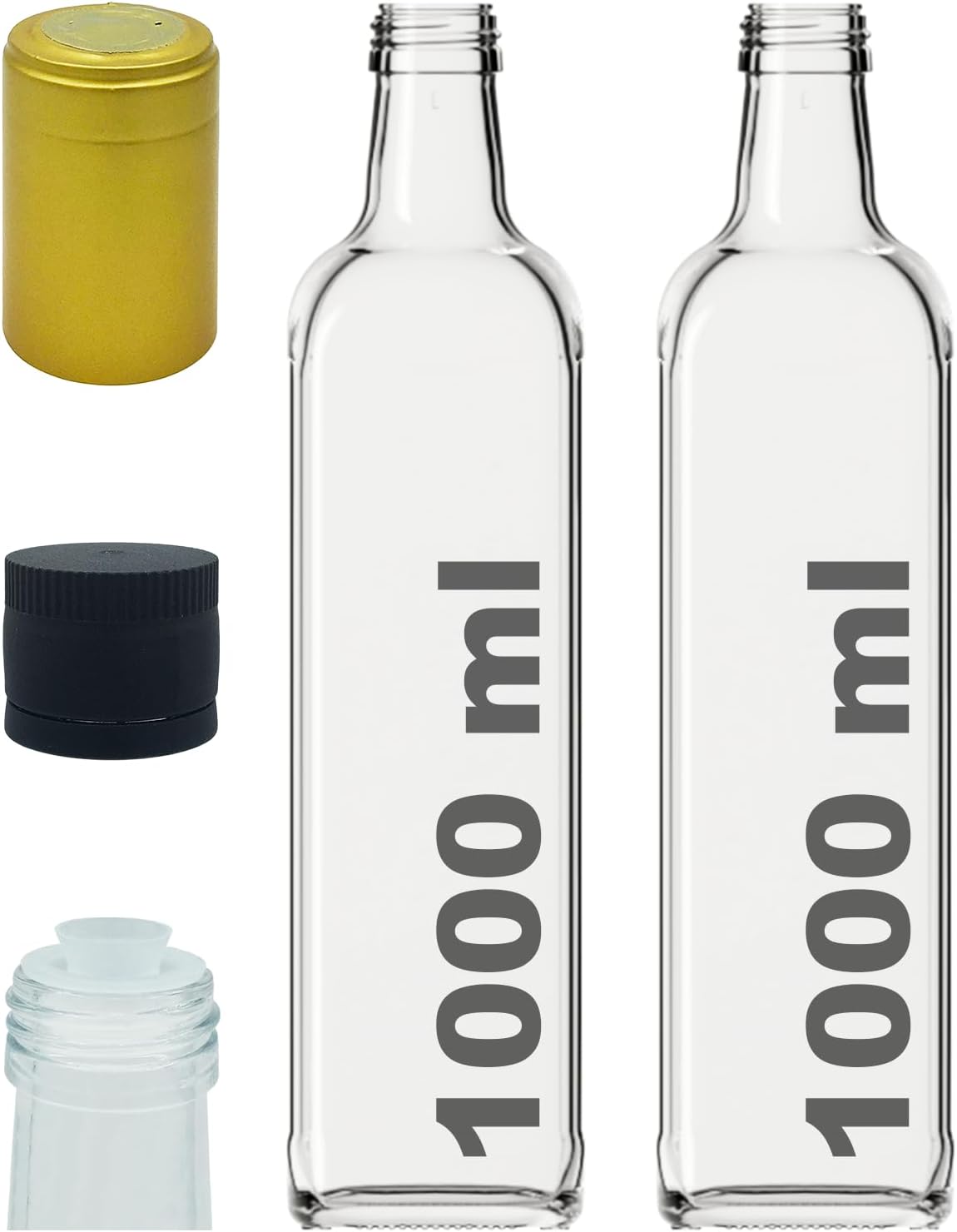 1000 ml Şeffaf Maraska Yağdanlık Kapaklı Ve Kapüşonlu 1000 Cc Köşeli Cam Şişe 2 Adet